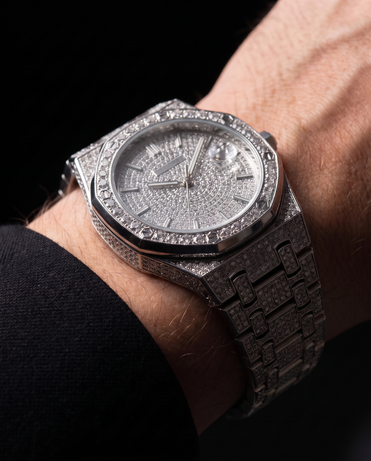 The Afterglow Watch in Silver, on-model wrist campaign image, close case detail
