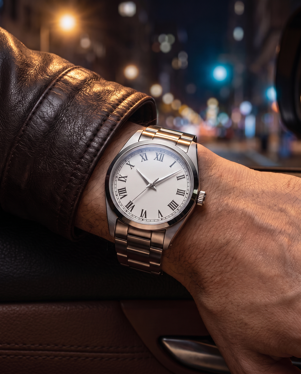 The Meridian Watch worn on wrist, leather jacket, night city street
