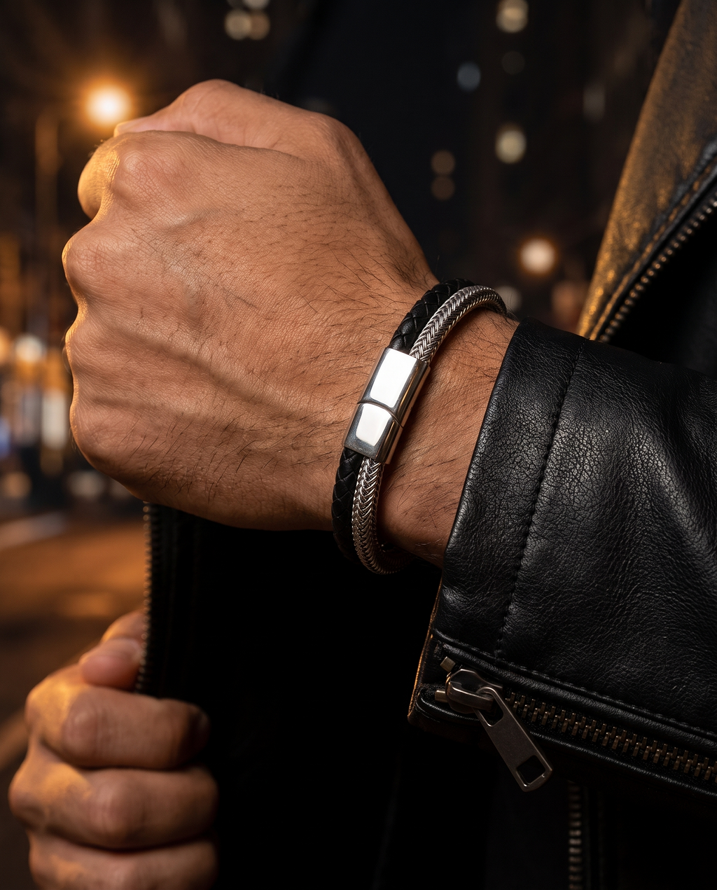 The Drift Leather Bracelet worn on wrist, leather jacket, night street