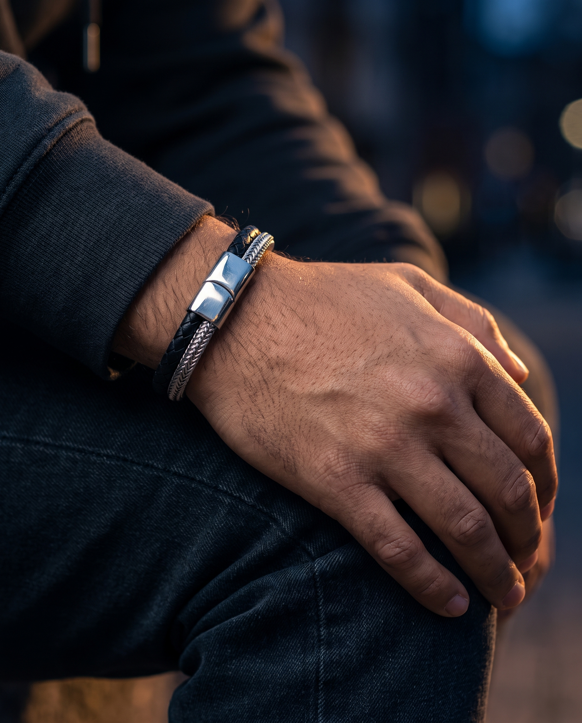 The Drift Leather Bracelet worn on wrist, hoodie, night city bokeh