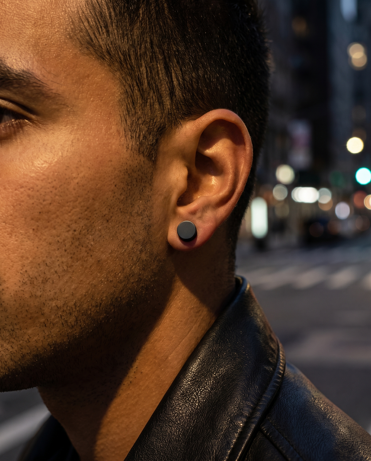 The Phantom Studs worn on ear, leather jacket, night city