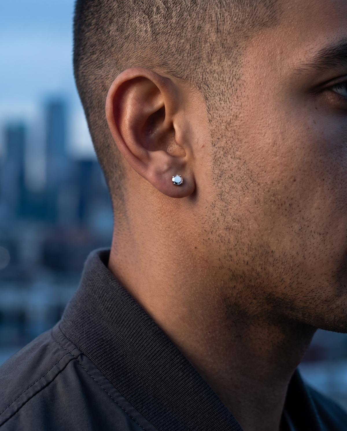 The Vertex Studs worn on ear, rooftop skyline