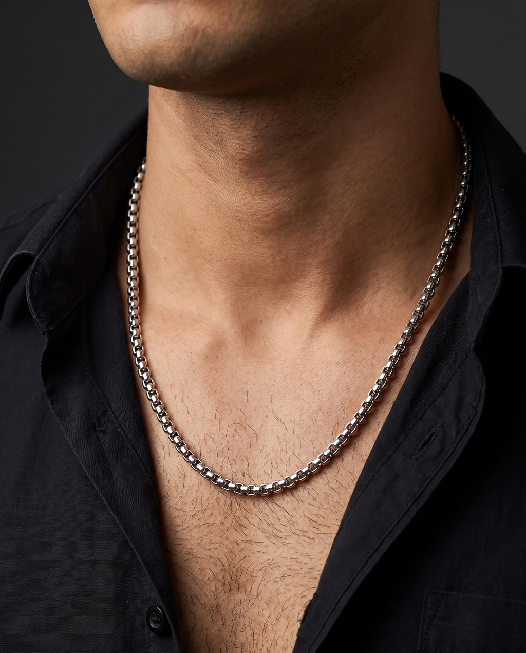 Box Chain worn on neck, dark editorial