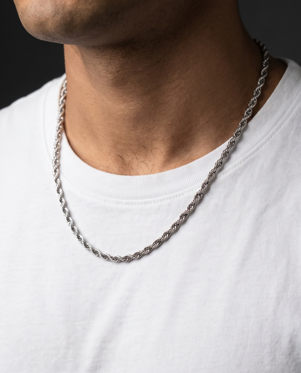 Rope Chain worn on neck, white tee, dark editorial