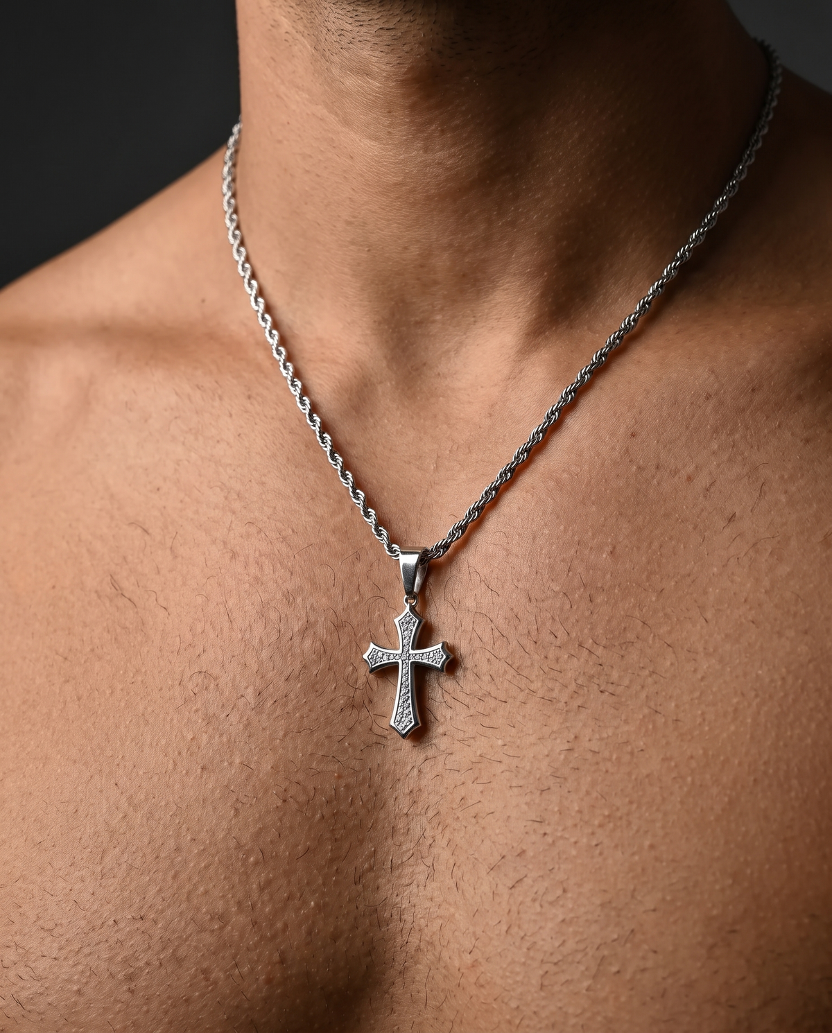 Essential Cross Necklace worn on chest, pave cross detail, dark editorial