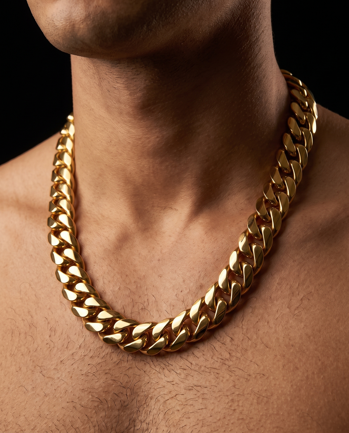 Miami Cuban Chain worn on bare chest, dark editorial