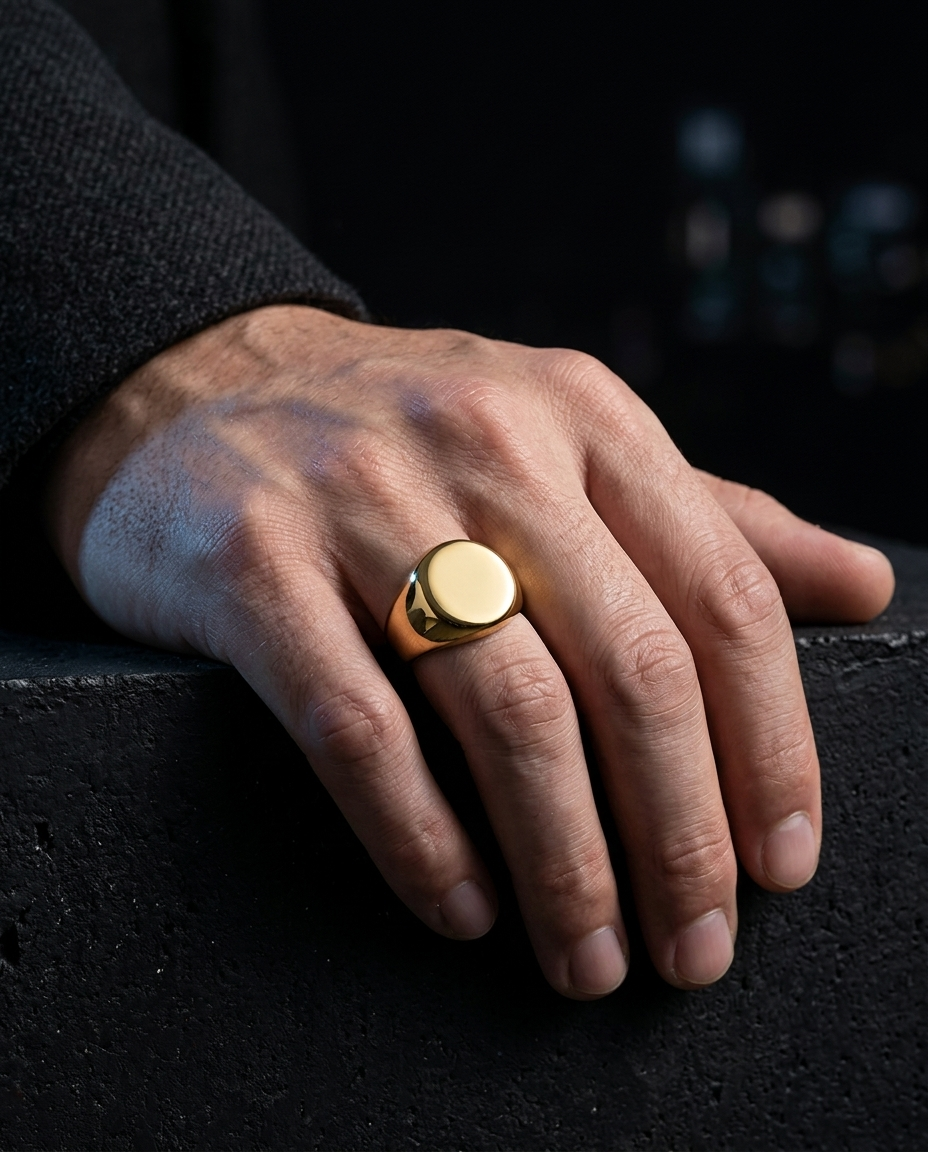 The Minimal Signet Ring worn on hand, dark editorial styling