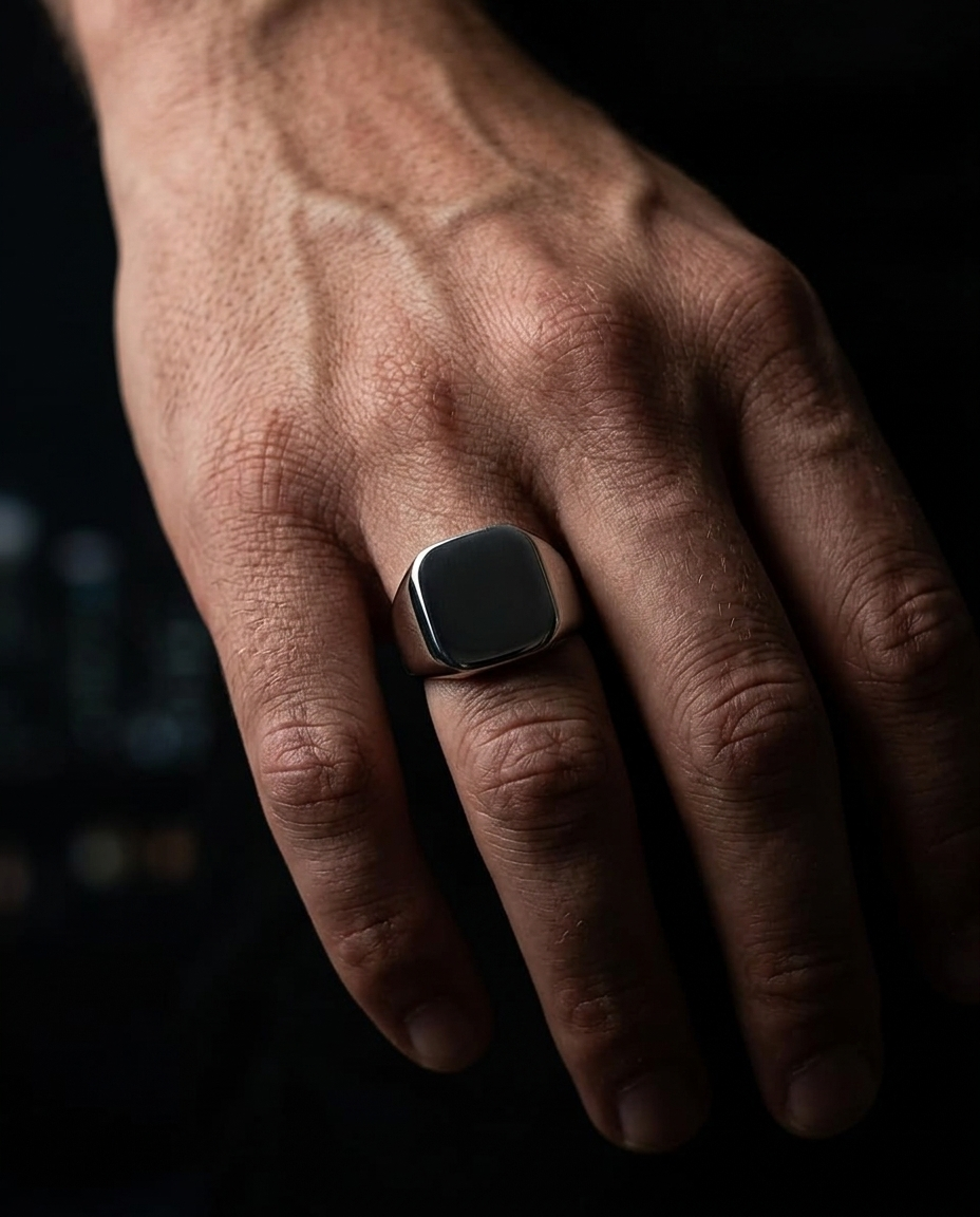 The Foundry Signet Ring worn on hand, dark editorial styling