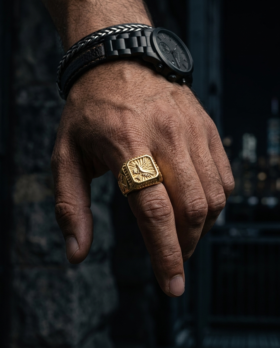 The Talon Signet Ring worn on hand, dark editorial styling