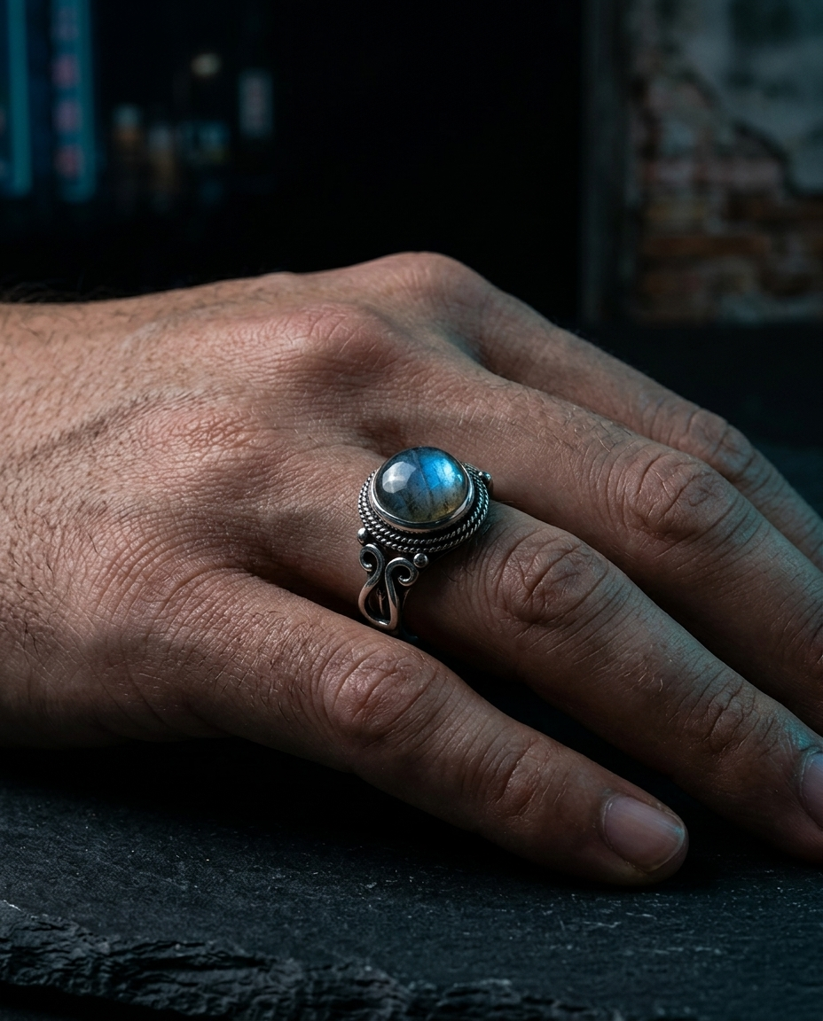 The Terra Signet Ring worn on hand, dark editorial styling