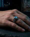 The Terra Signet Ring worn on hand, dark editorial styling