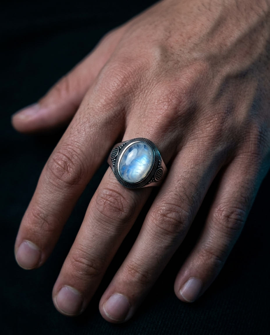 The Moonstone Signet Ring worn on hand, dark editorial styling