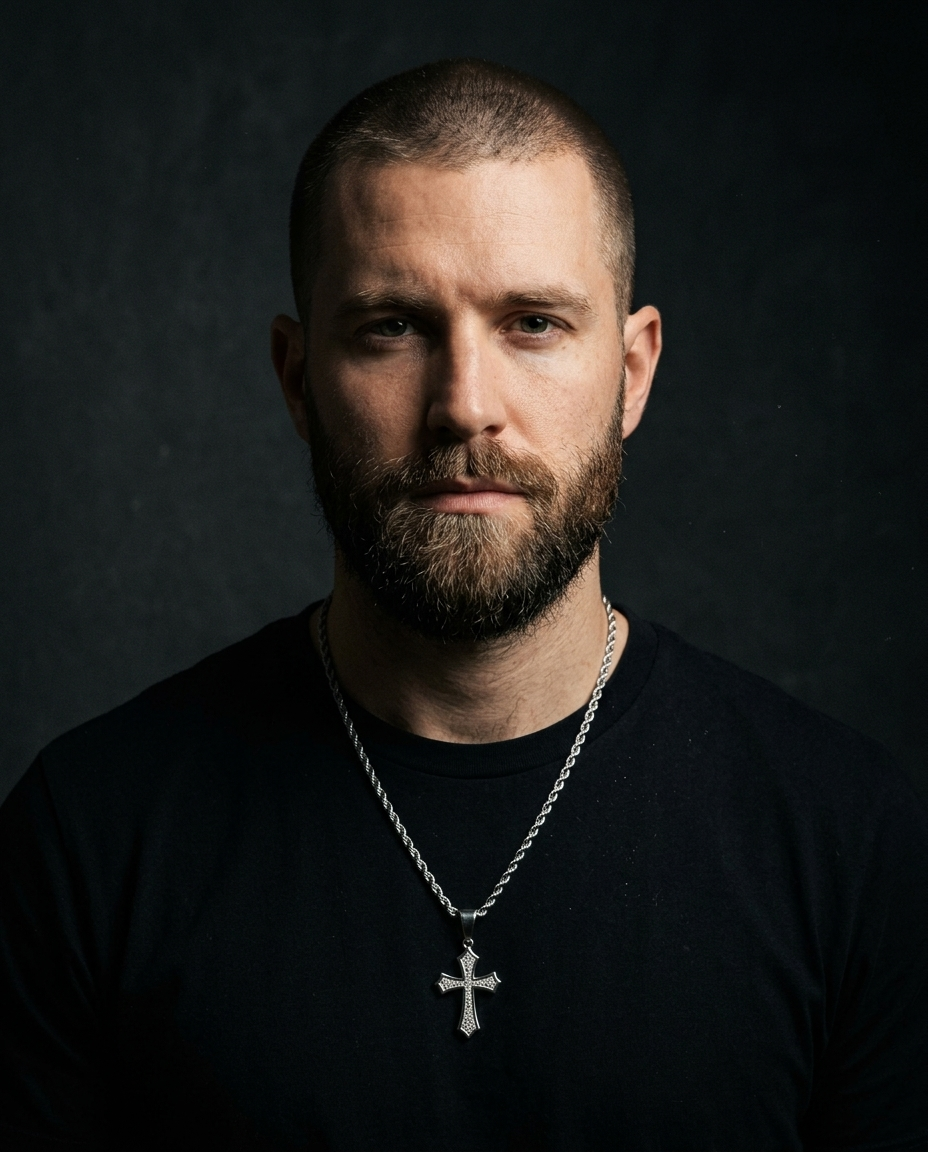 The Solace Cross Necklace worn on model, dark editorial styling