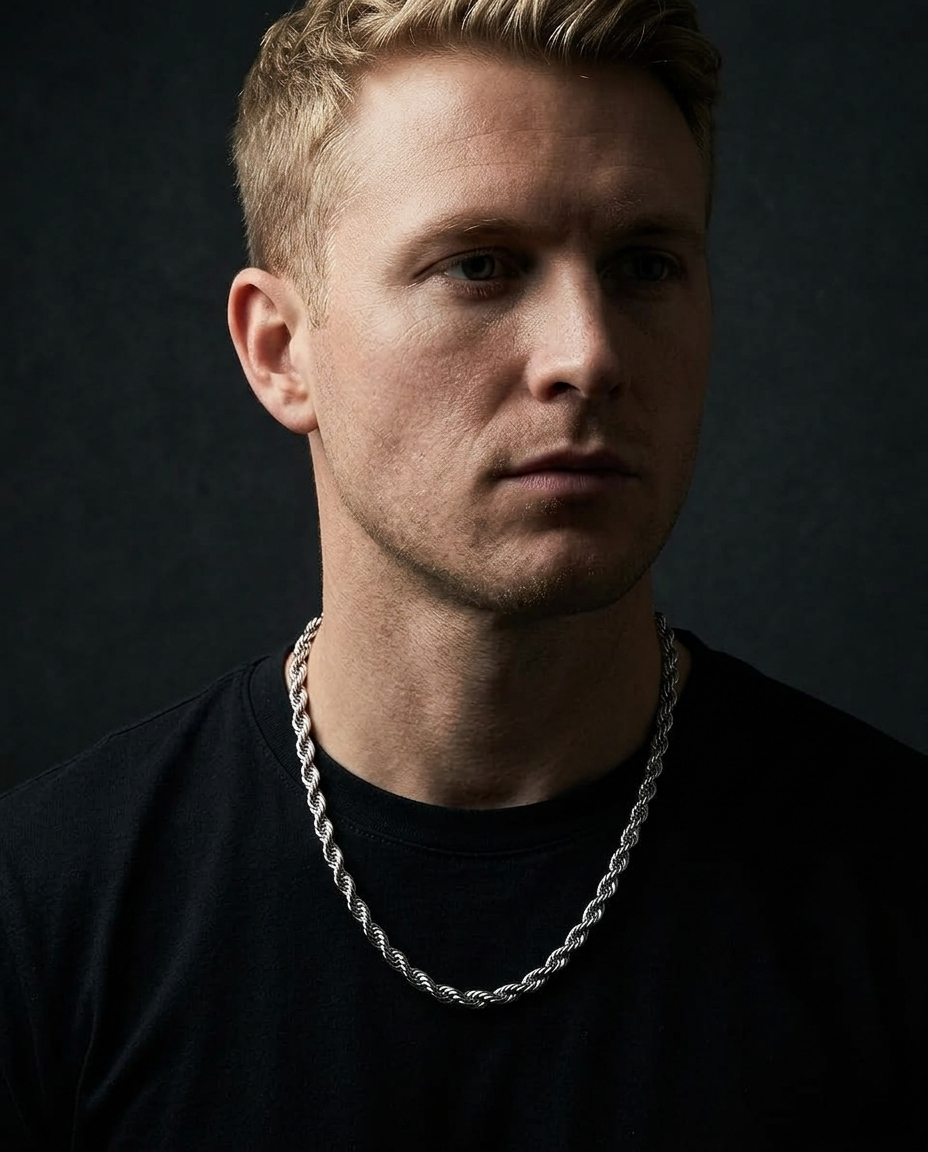The Helix Rope Chain worn on model, dark editorial styling