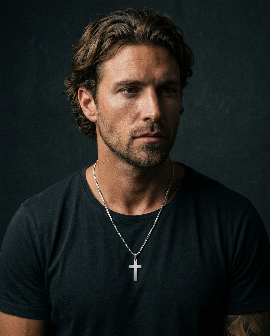 The Voyage Cross Necklace worn on model, dark editorial styling