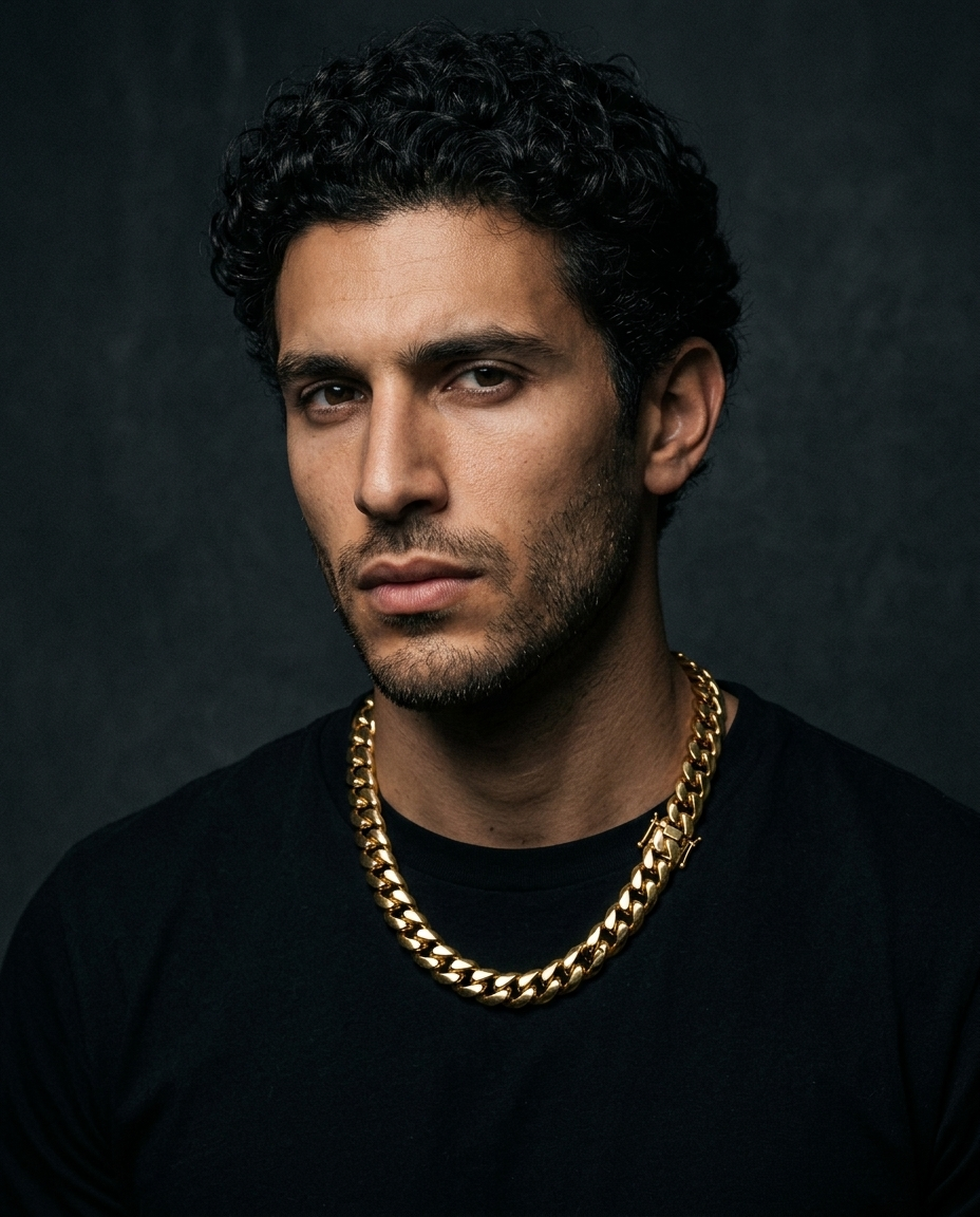 The Miami Cuban Chain worn on model, dark editorial styling