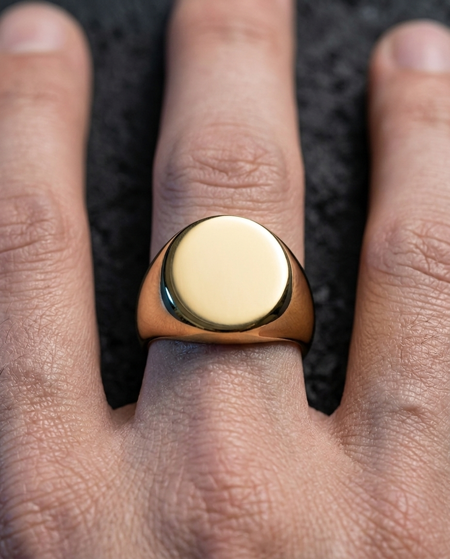 The Minimal Signet Ring, close-up detail on hand
