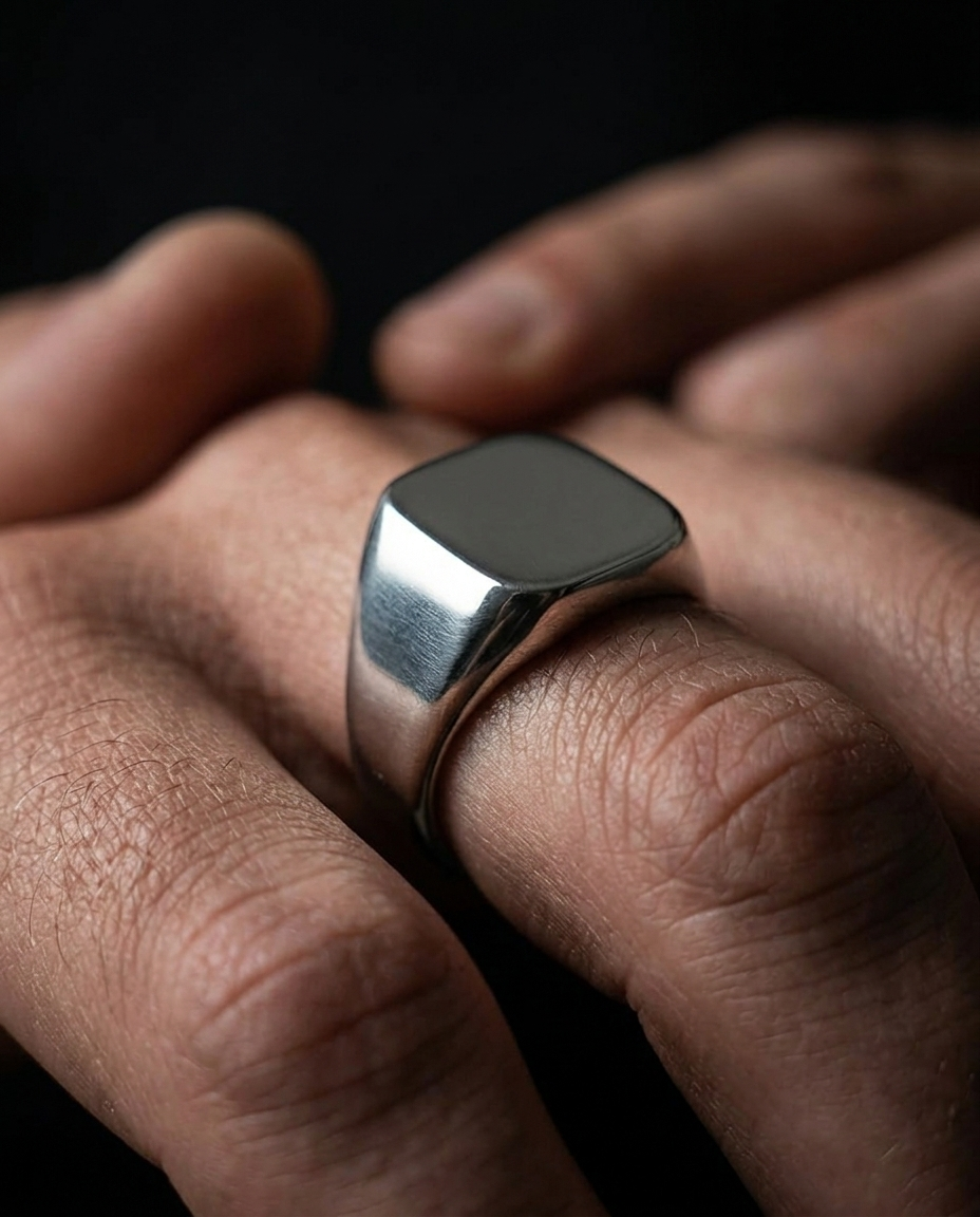 The Foundry Signet Ring, close-up detail on hand