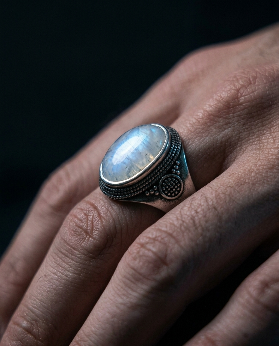 The Moonstone Signet Ring, close-up detail on hand
