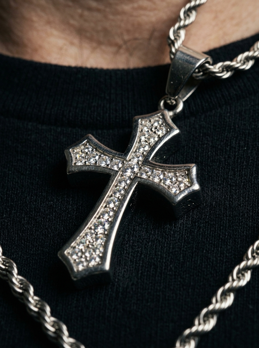 The Solace Cross Necklace, close-up detail on model