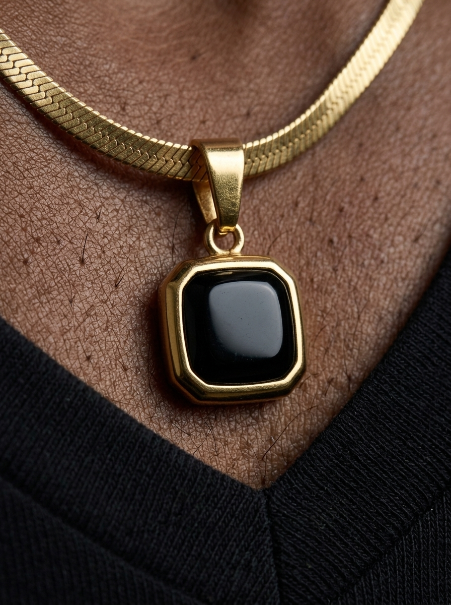 The Facet Pendant, close-up detail on model