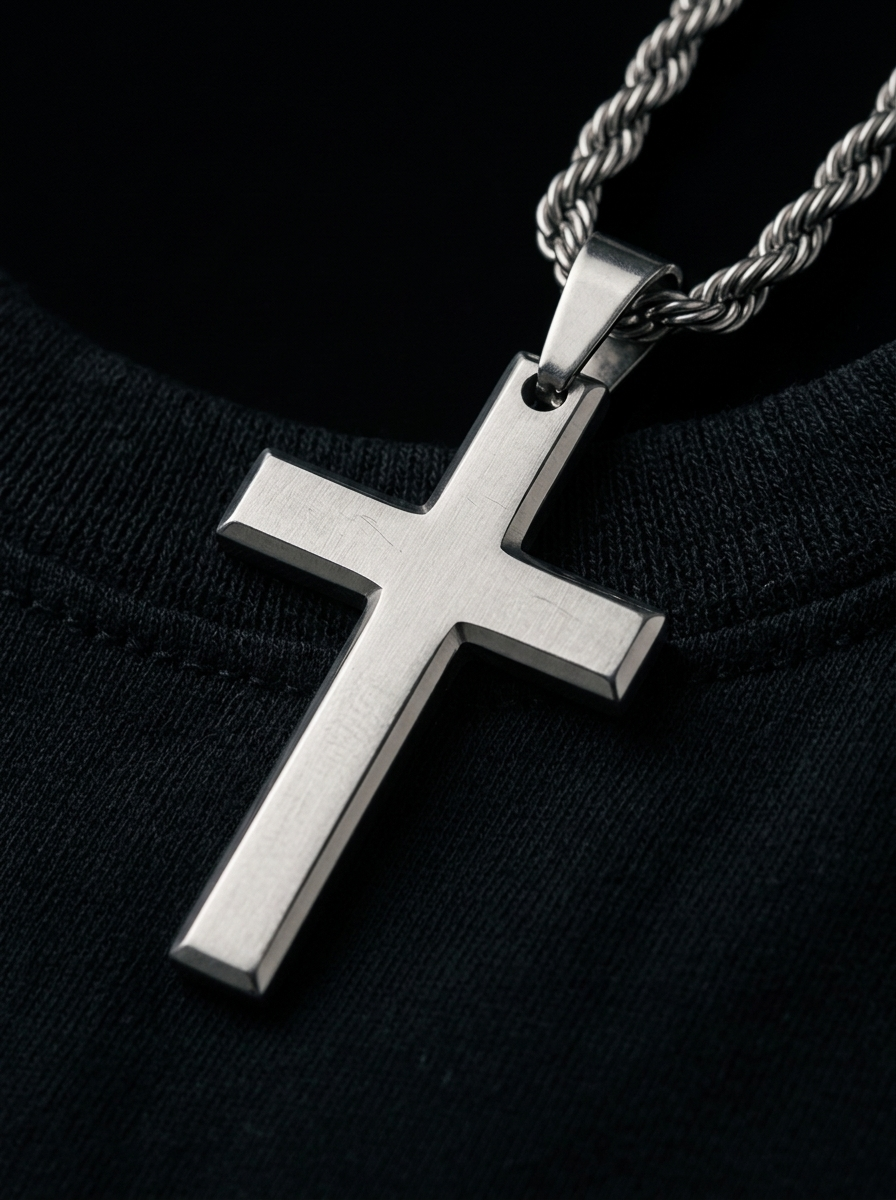The Voyage Cross Necklace, close-up detail on model